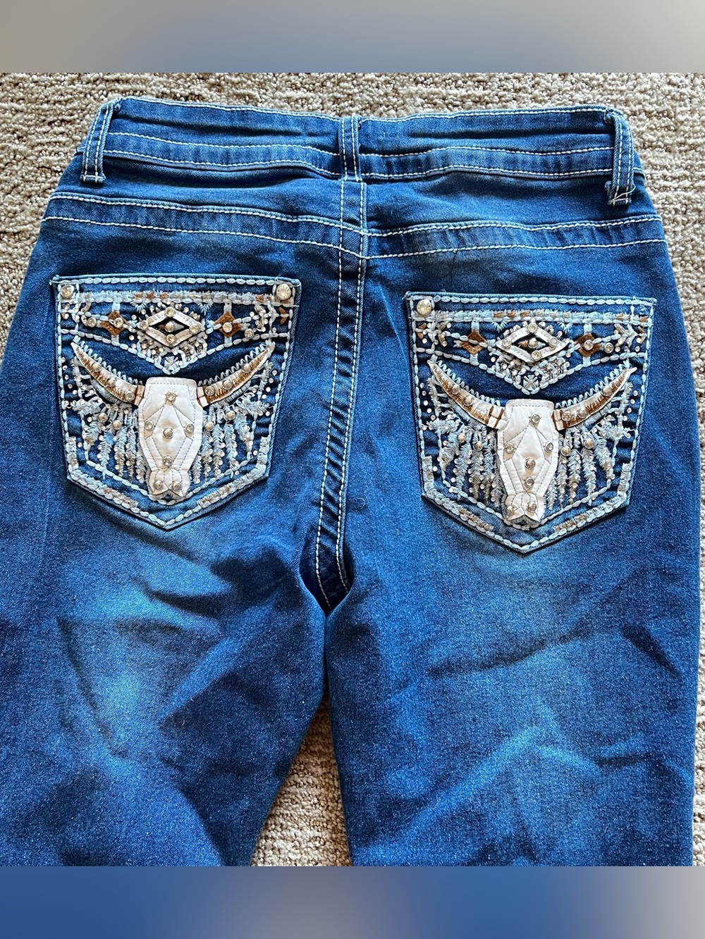 Y2K Western mid rise Leather bull Embellished Dark Blue Jeans